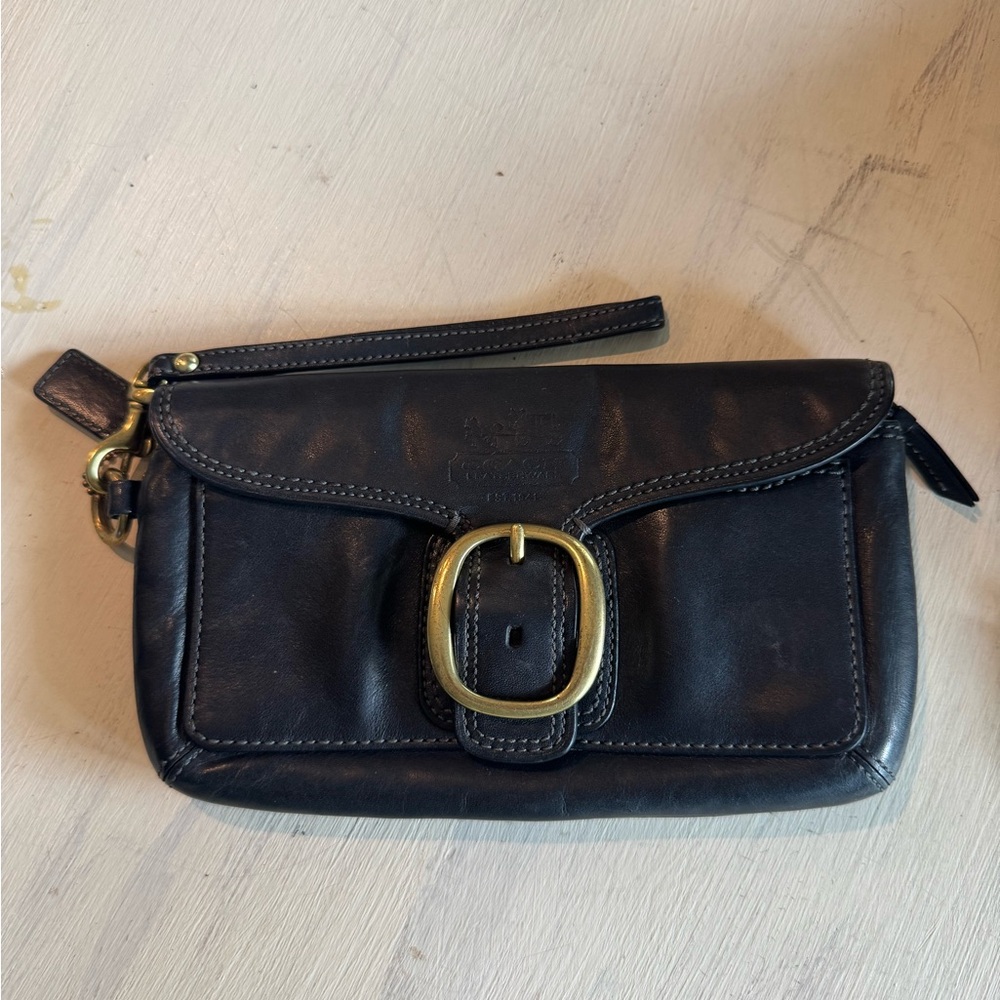 Coach Black Leather Wristlet with Gold Accents